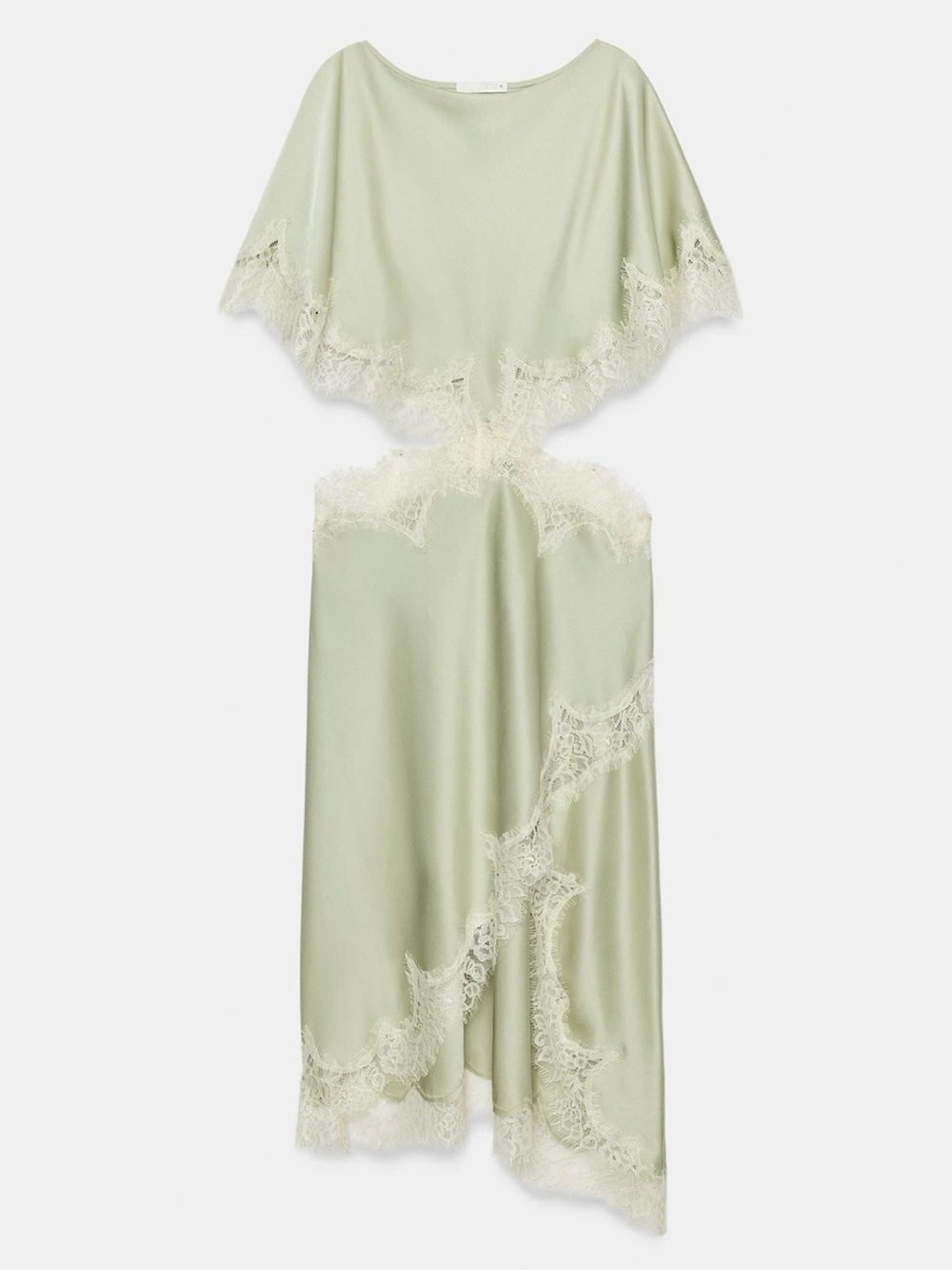 Zara NWT Woman Collection Silk Lace-Trim Cutout Slip Dress in Sage Green